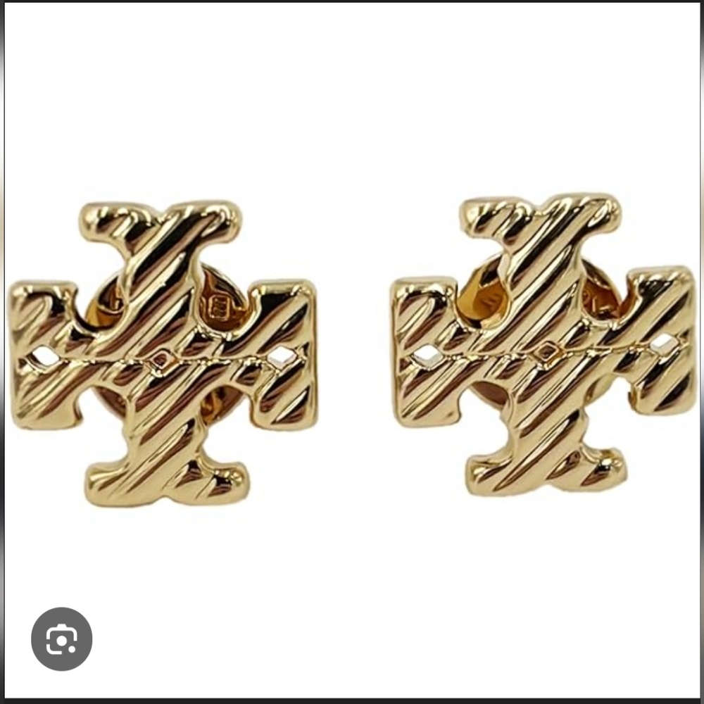 Tory Burch Gold Textured Logo Earrings